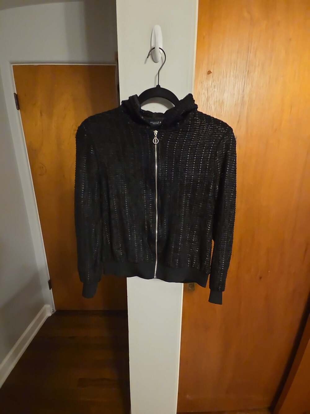Zara Black Mesh Texture Zip-Up Hoodie Jacket